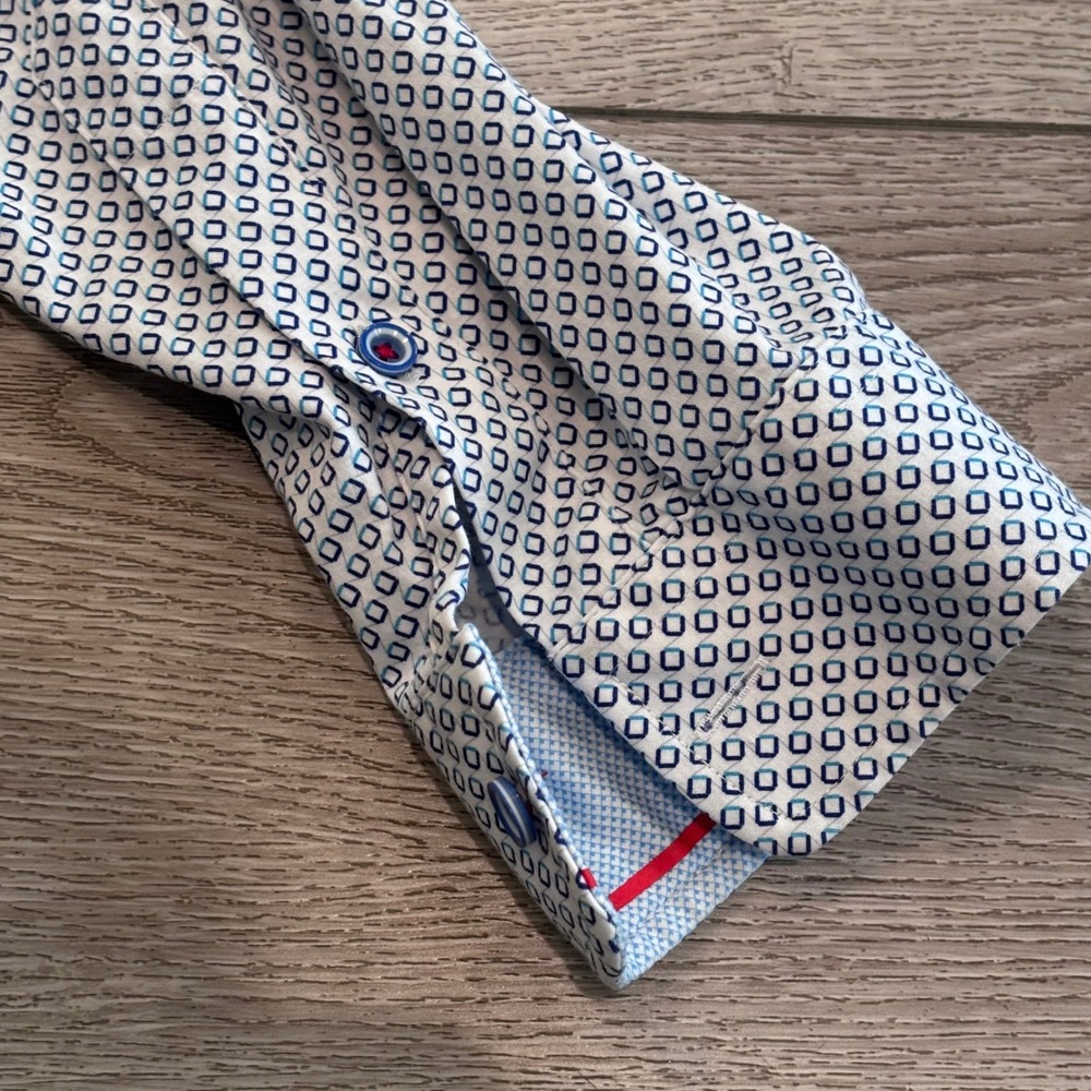 Buttercloth Button Down Shirt Mens 2X Tall White Blue Geometric Preppy Casual - Picture 9 of 9